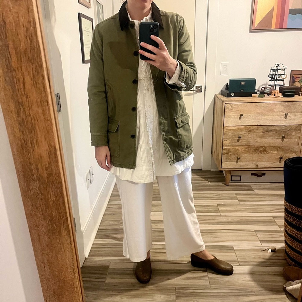 EUC 100% cotton lands end chore barn coat khaki green with brown corduroy collar